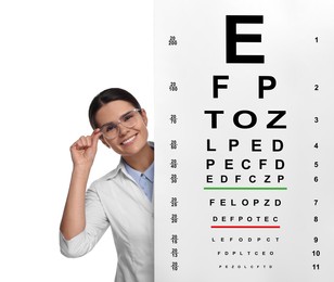 Image of Ophthalmologist with vision test chart on white background