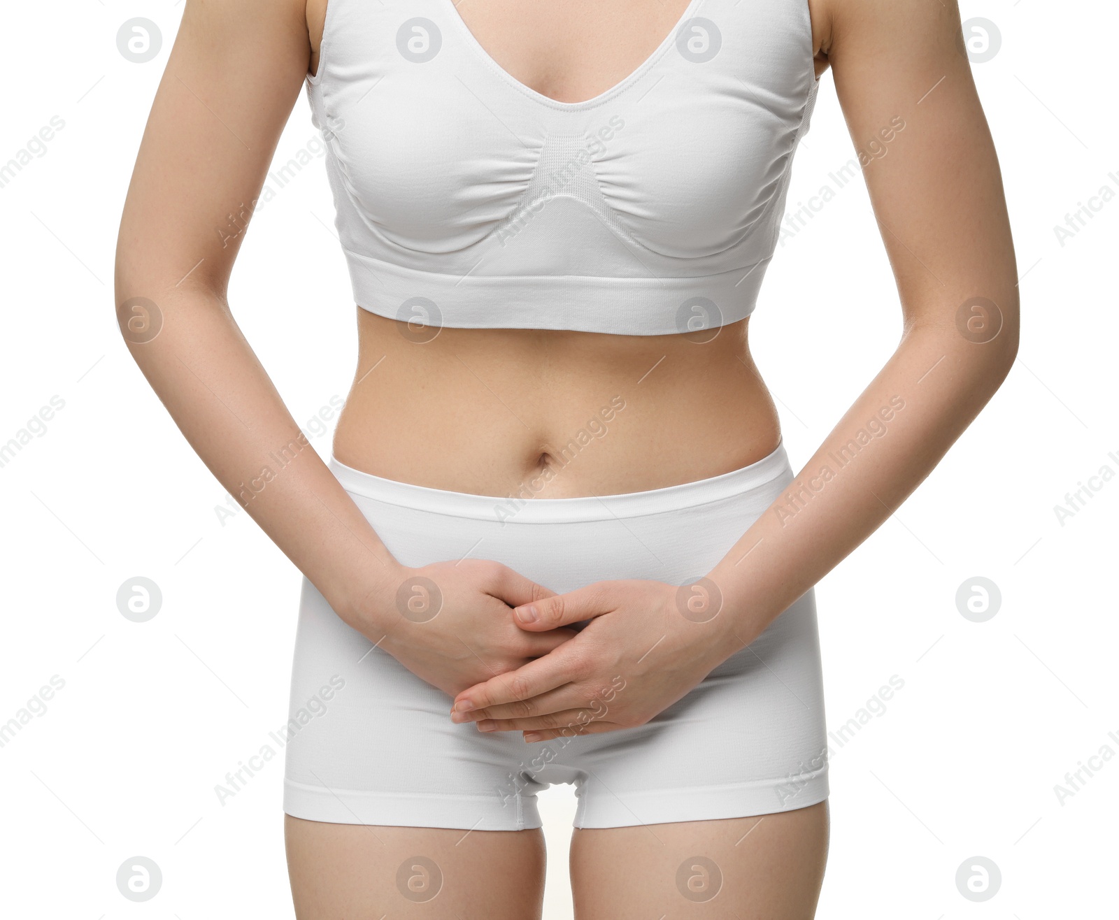 Photo of Woman suffering from cystitis on white background, closeup