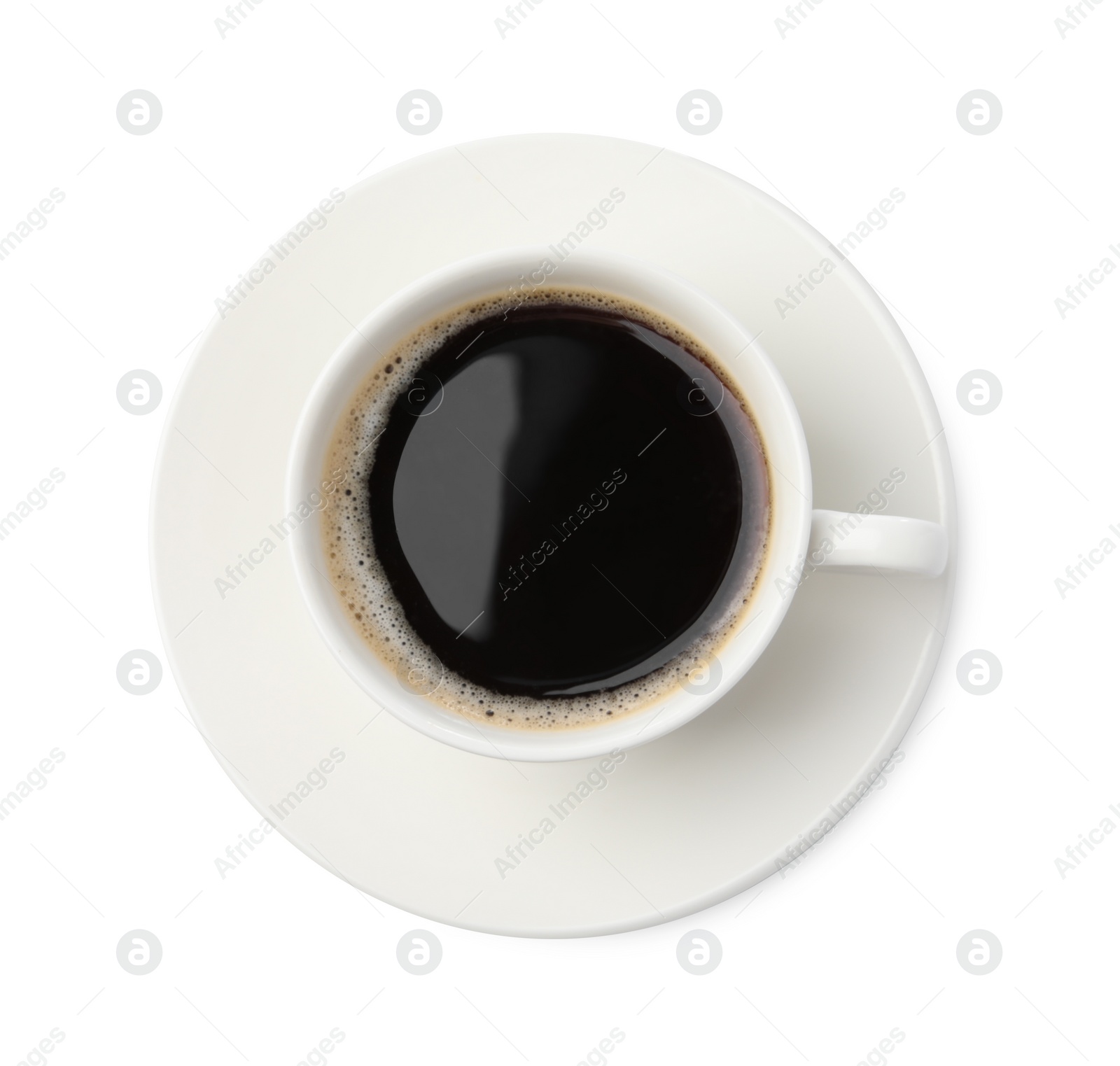 Photo of Cup of aromatic coffee isolated on white, top view