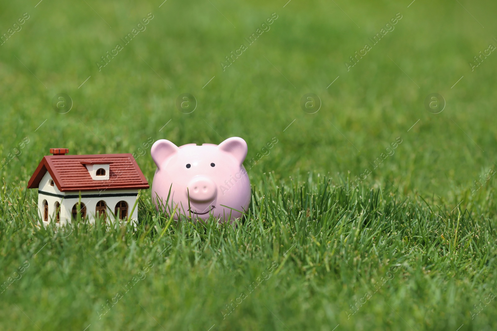 Photo of Piggy bank and model of house on green grass outdoors. Space for text