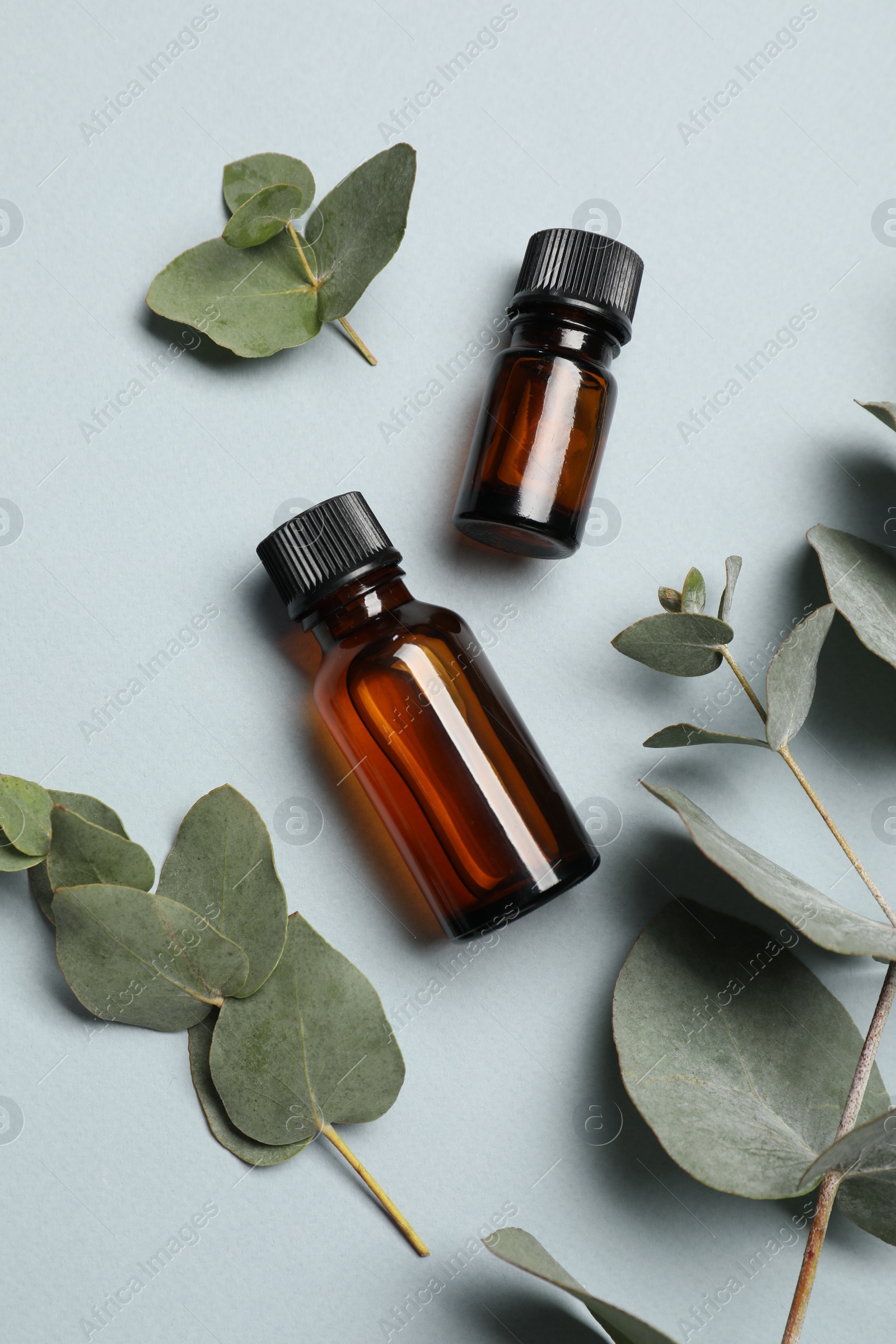 Photo of Aromatherapy. Bottles of essential oil and eucalyptus leaves on light grey background, flat lay