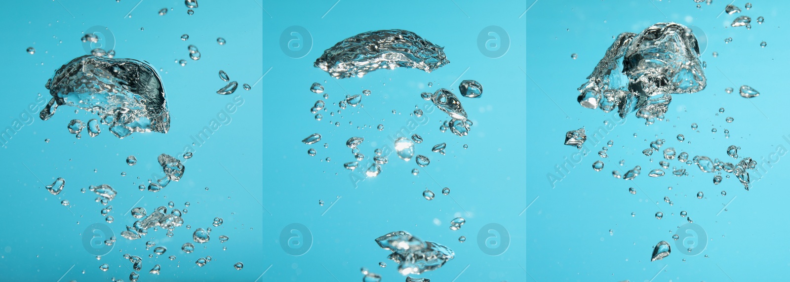 Image of Collage with air bubbles in water on light blue background