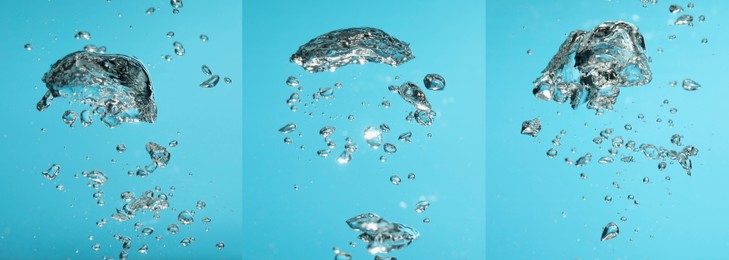 Collage with air bubbles in water on light blue background