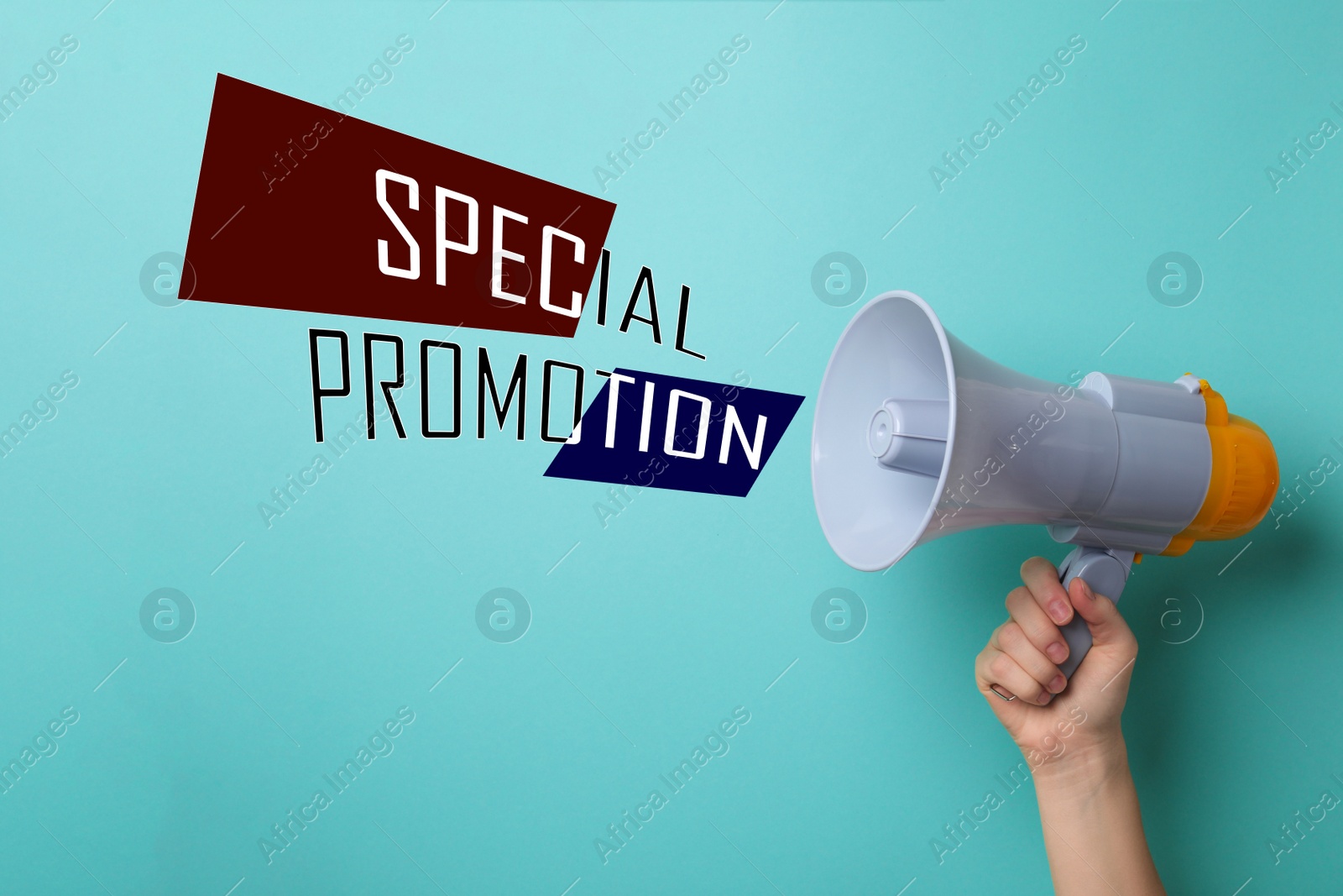 Image of Woman with megaphone and phrase Special Promotion on turquoise background, closeup
