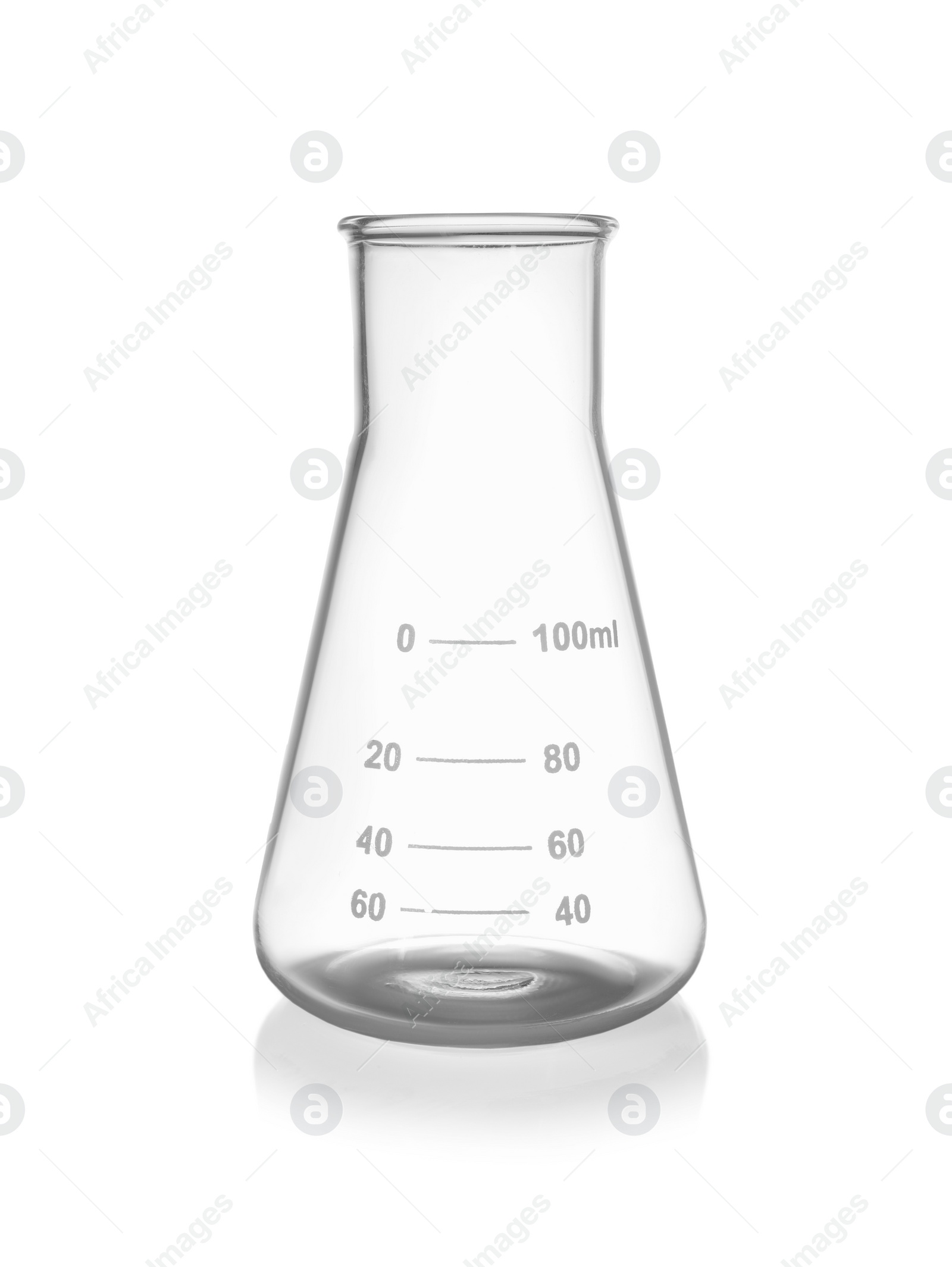 Photo of One empty laboratory flask isolated on white