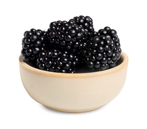 Photo of Bowl of ripe blackberries isolated on white