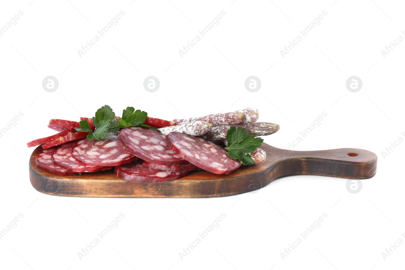 Photo of Slices of different sausages with parsley isolated on white