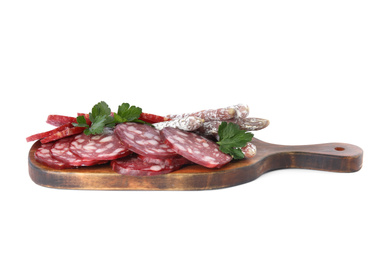 Slices of different sausages with parsley isolated on white