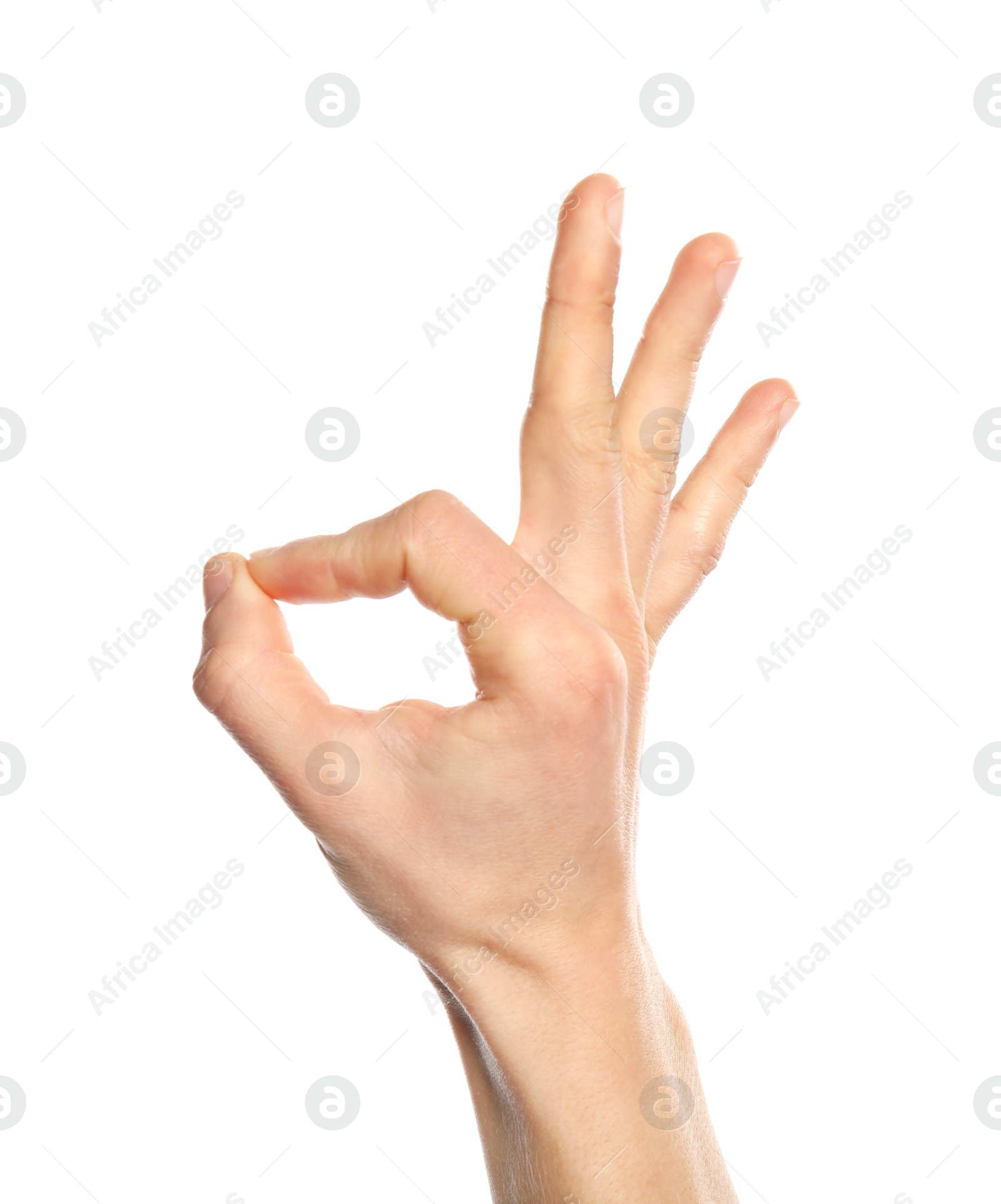 Photo of Man showing sign okay on white background, closeup. Body language