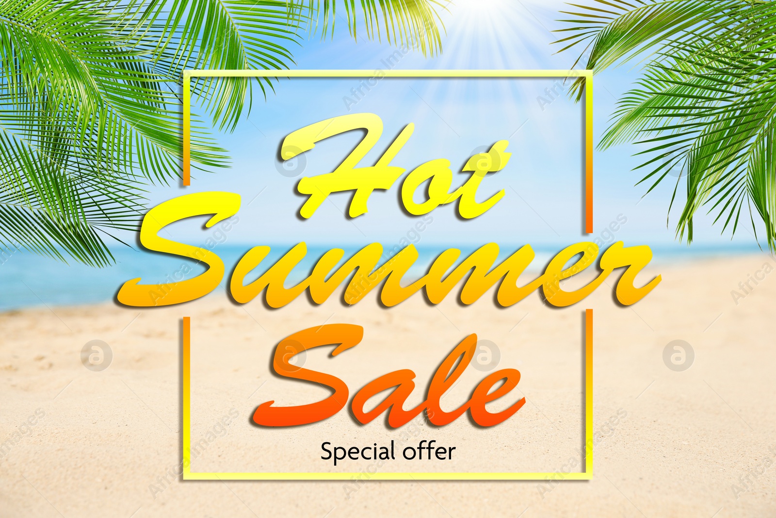 Image of Hot summer sale flyer design. Beautiful view on sandy beach near sea and text