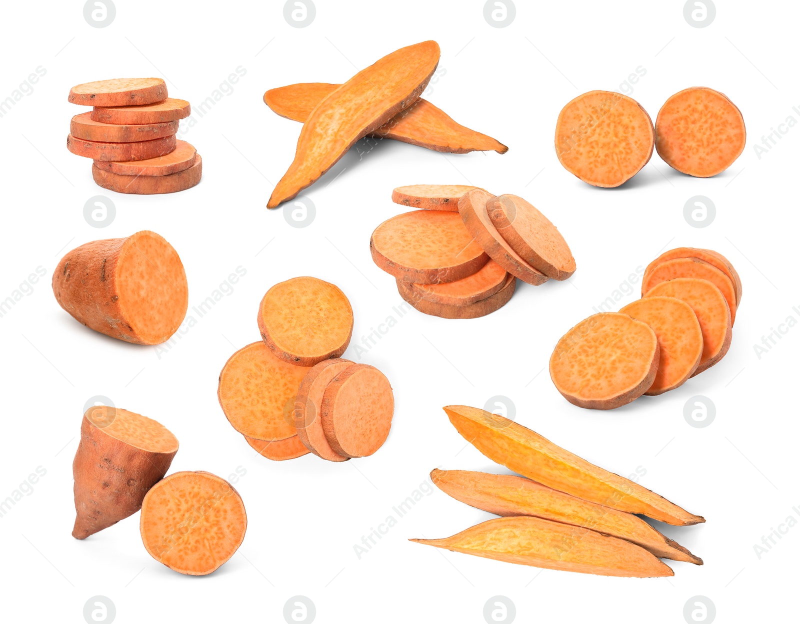 Image of Set with fresh sweet potatoes on white background 