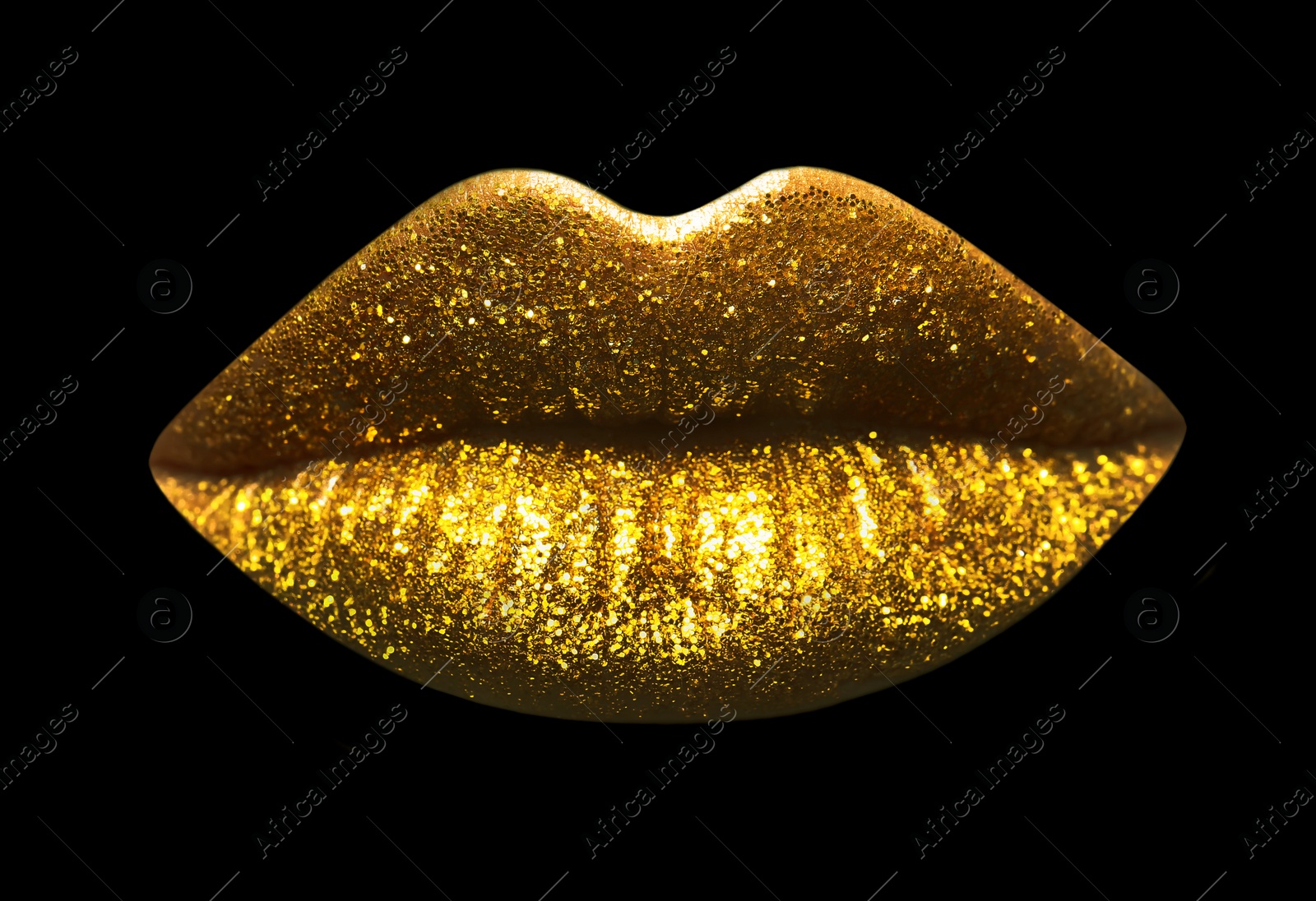 Image of Beautiful lips with shiny golden lipstick on black background