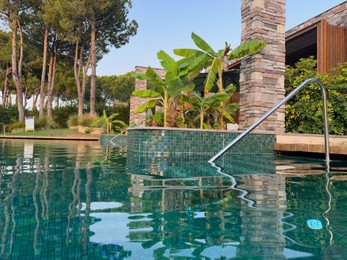 Photo of Swimming pool and exotic plants at luxury resort