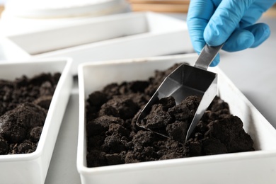 Photo of Scientist taking soil sample from container, closeup. Laboratory research