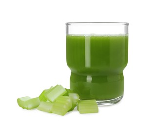 Glass of celery juice and fresh vegetable on white background