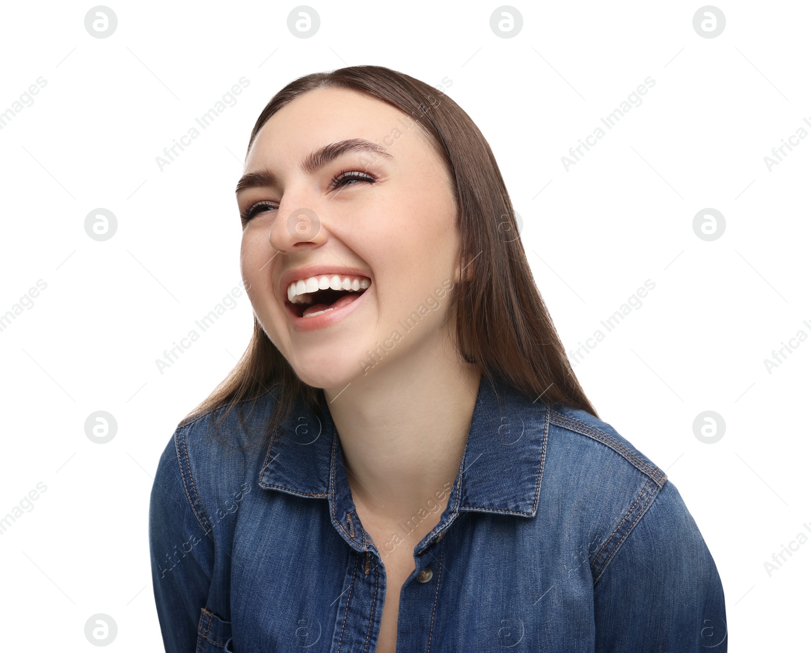 Photo of Portrait of beautiful woman laughing on white background