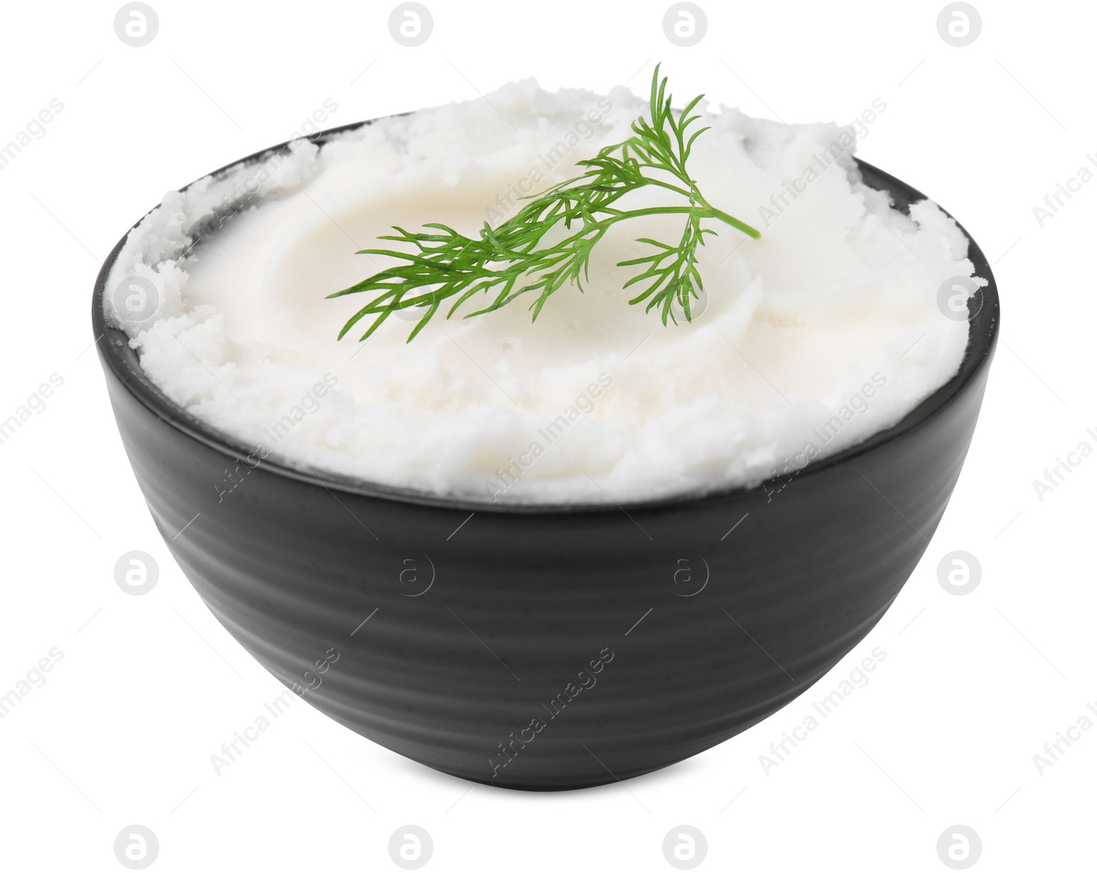 Photo of Delicious pork lard with dill in bowl isolated on white