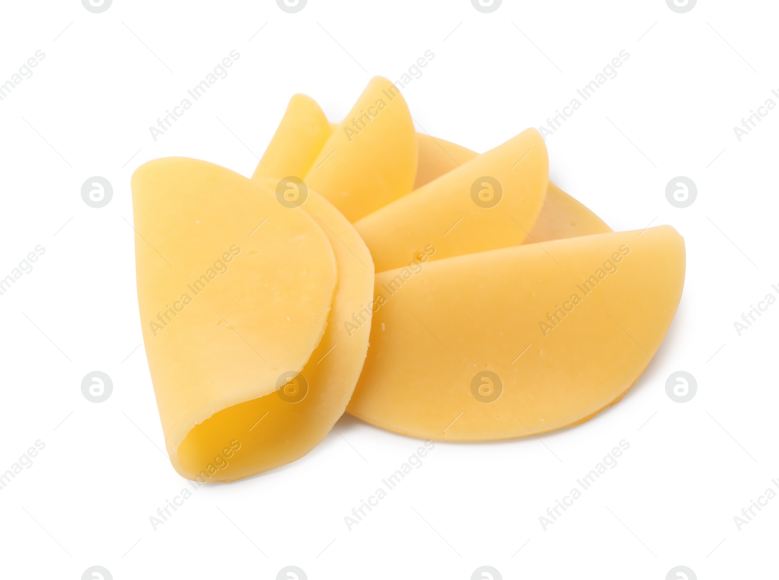 Photo of Slices of tasty fresh cheese isolated on white