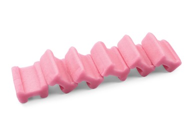 Photo of Many tasty pink chewing gums on white background