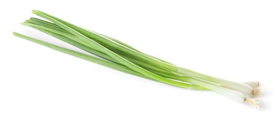 Photo of Fresh ripe green onions on white background