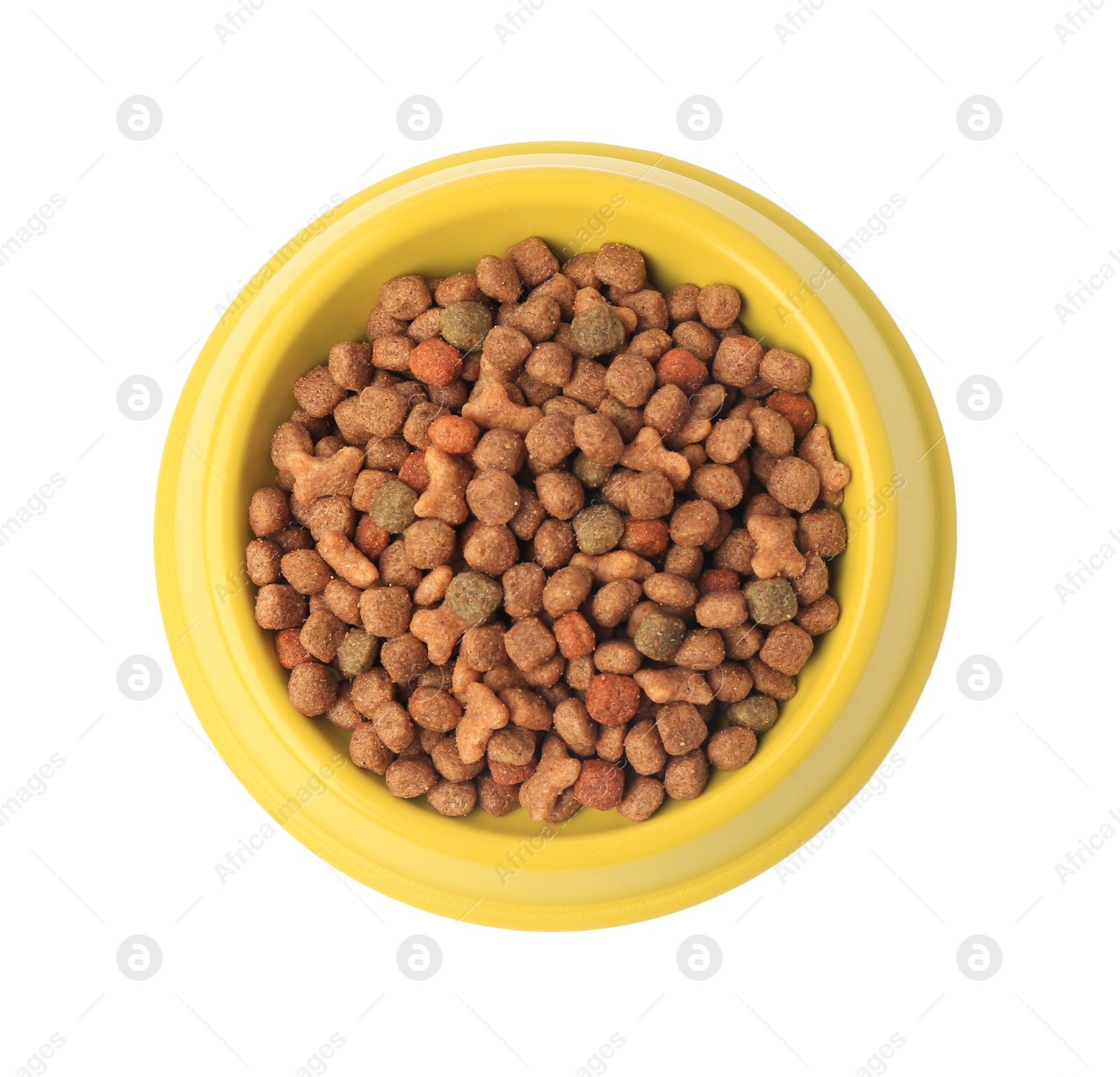 Photo of Dry pet food in feeding bowl isolated on white, top view