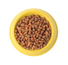 Photo of Dry pet food in feeding bowl isolated on white, top view