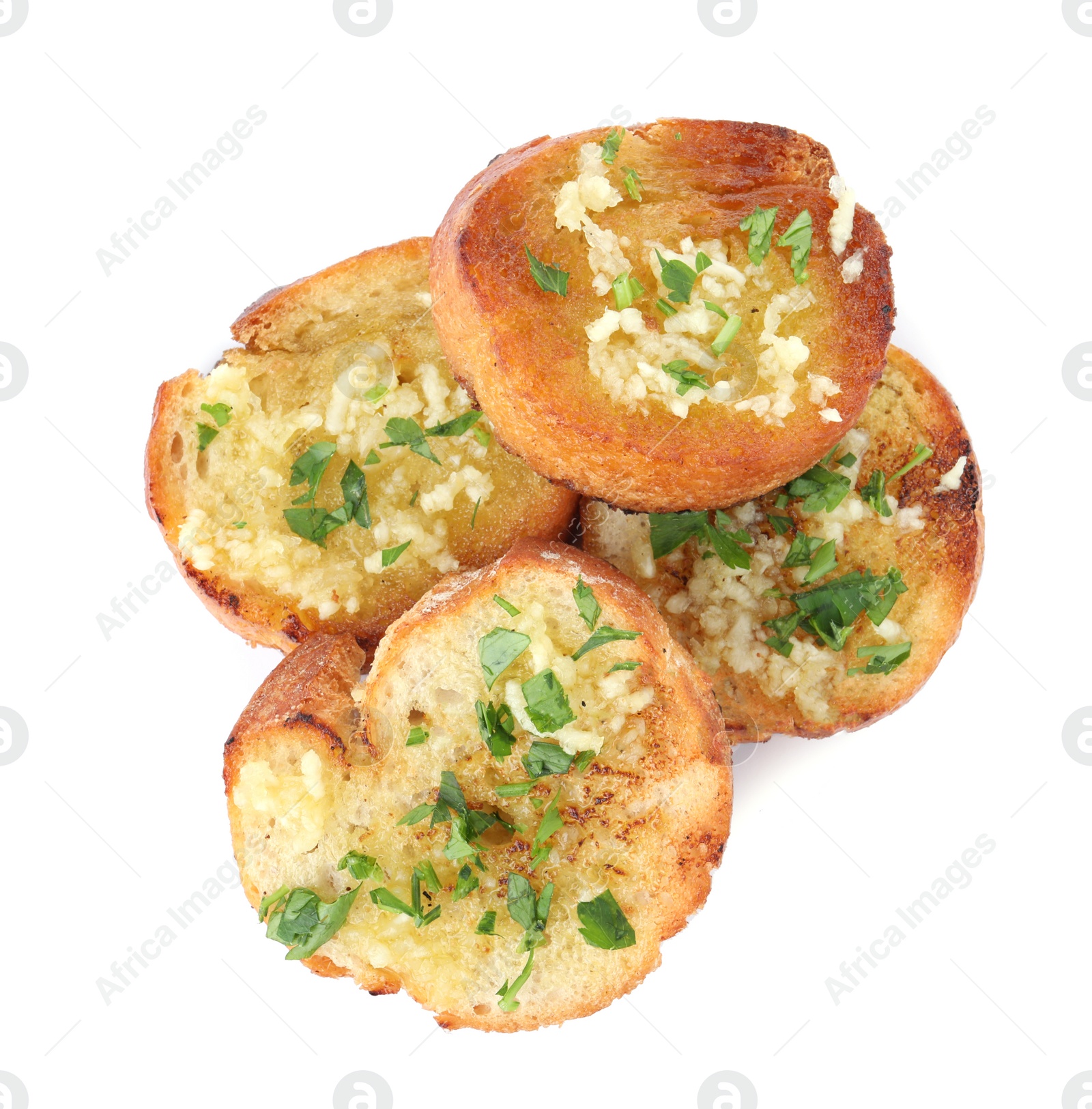 Photo of Slices of toasted bread with garlic and herb on white background, top view