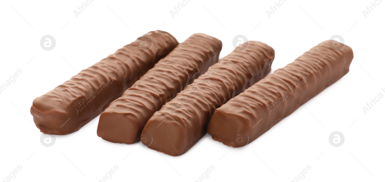 Photo of Sweet tasty chocolate bars on white background