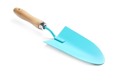 Photo of New trowel on white background. Professional gardening tool