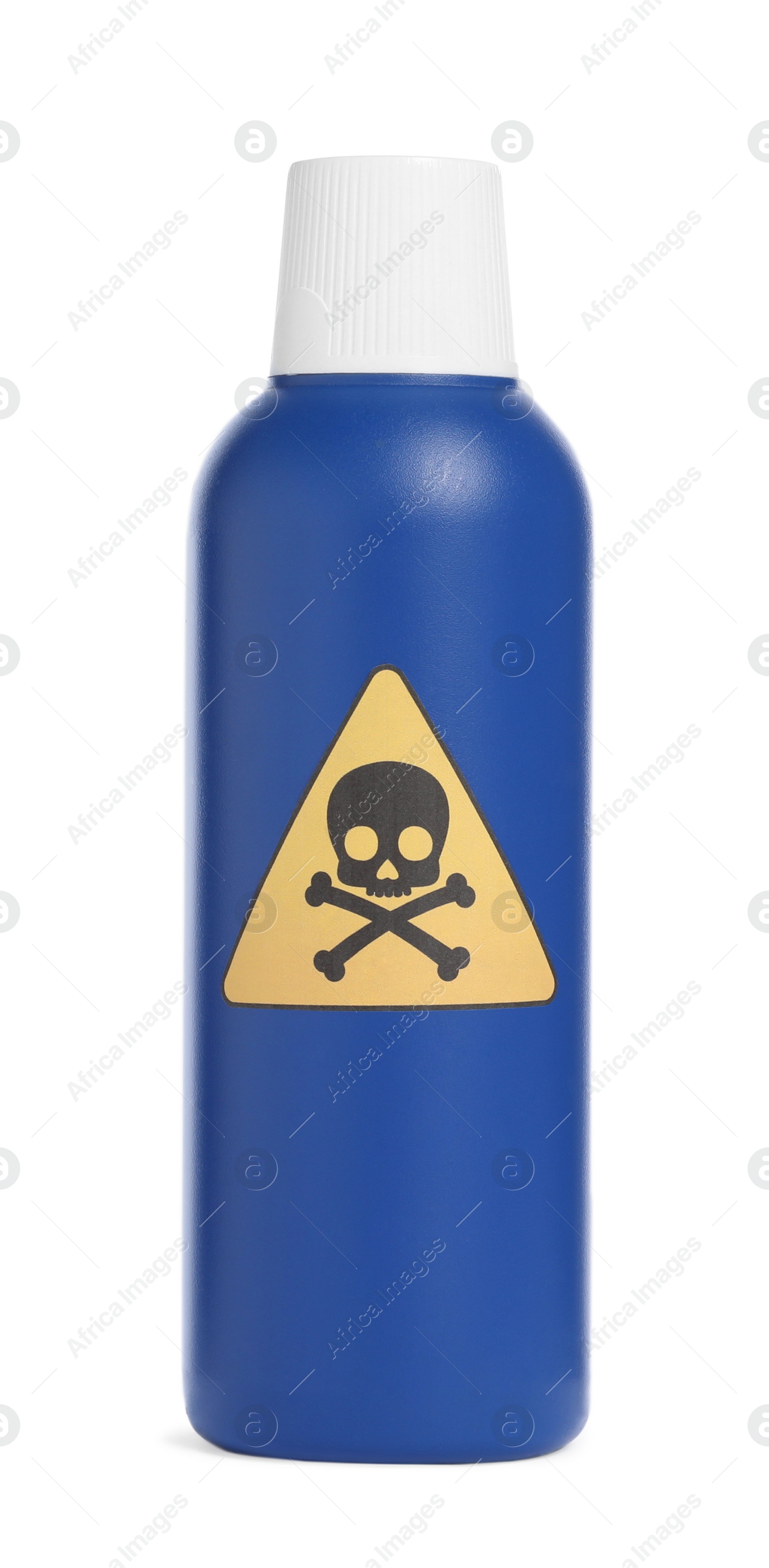 Photo of Bottle of toxic household chemical with warning sign isolated on white