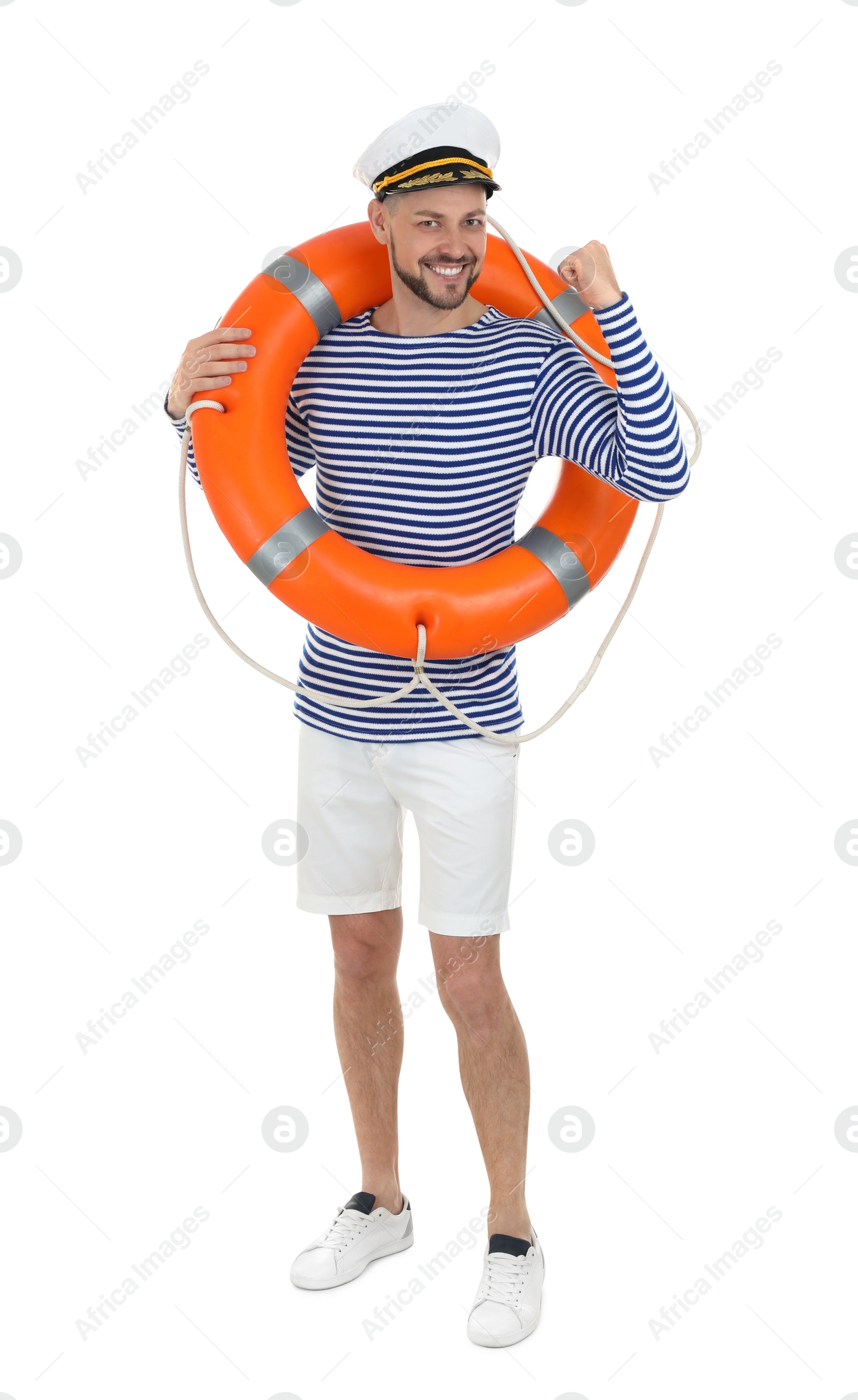 Photo of Sailor with orange ring buoy on white background