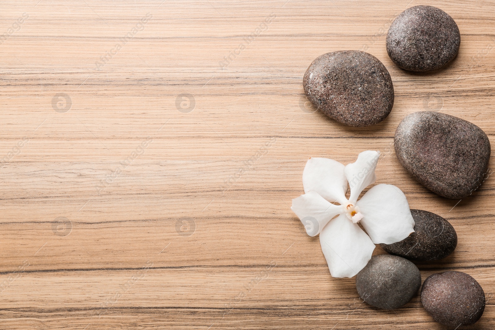 Photo of Stones and orchid flower on wooden background, top view with space for text. Zen lifestyle