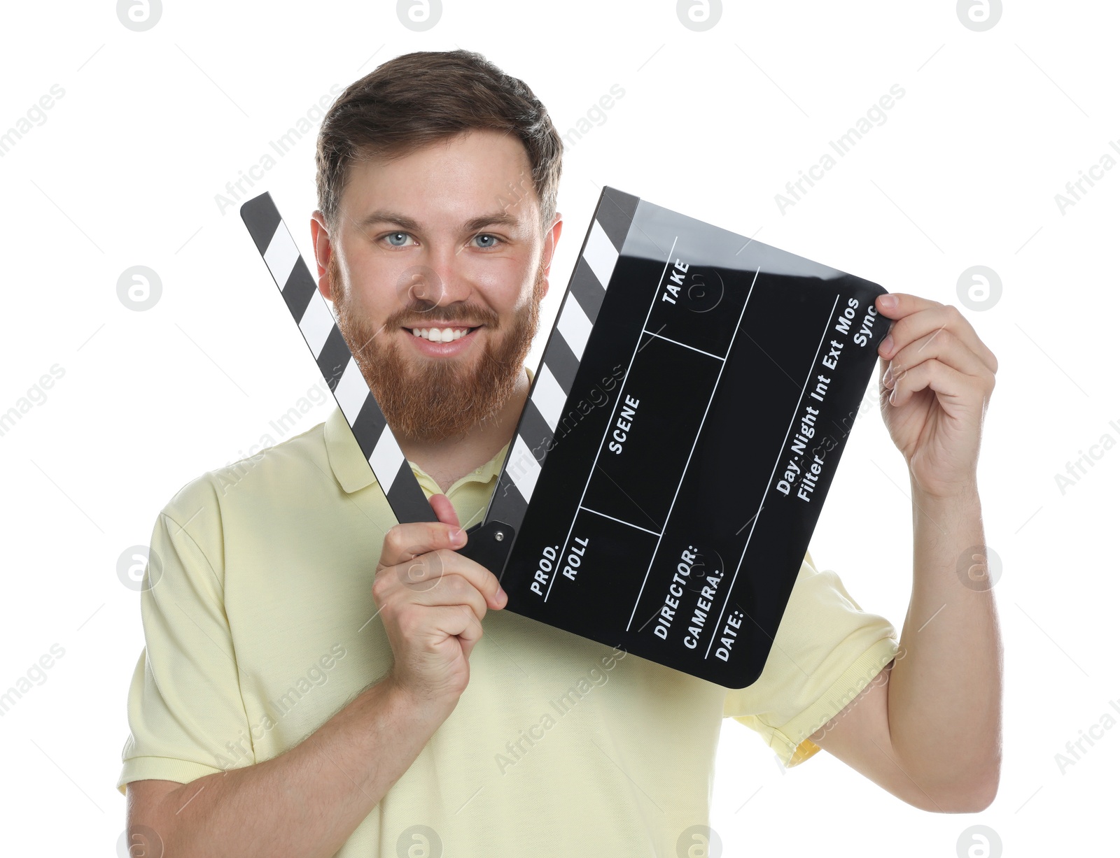 Photo of Making movie. Smiling man with clapperboard on white background