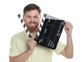 Making movie. Smiling man with clapperboard on white background