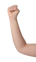 Photo of Playing rock, paper and scissors. Woman showing fist on white background, closeup