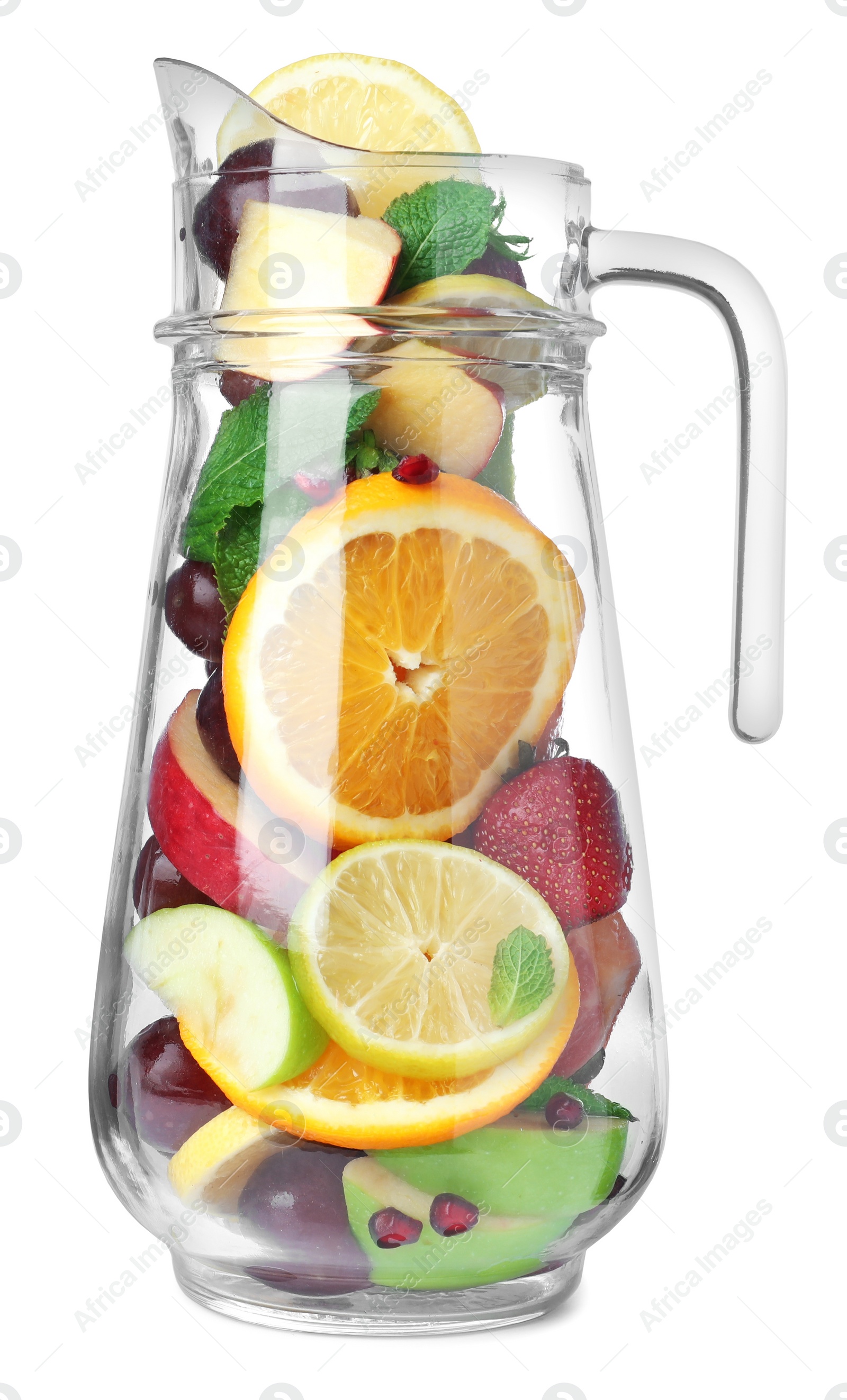 Photo of Different fruits in jug on white background
