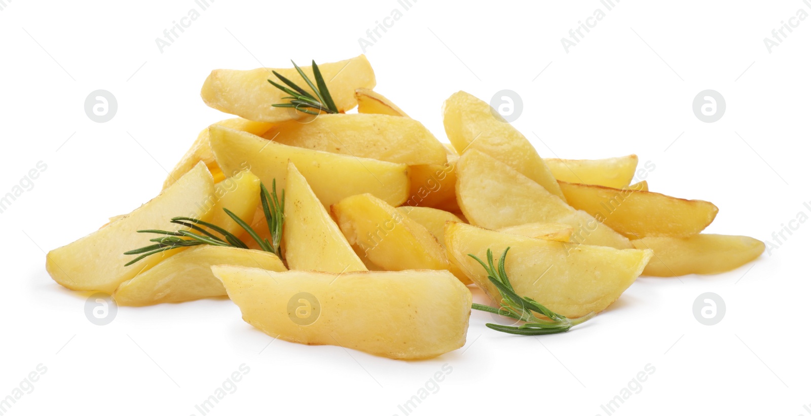 Photo of Tasty baked potato wedges with rosemary on white background