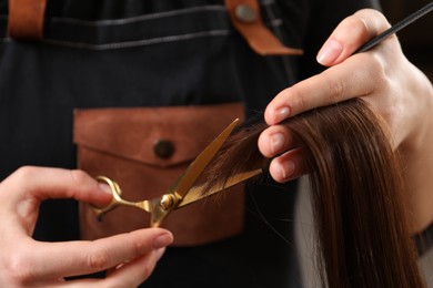 Photo of Hairdresser cutting client's hair with scissors in salon, closeup