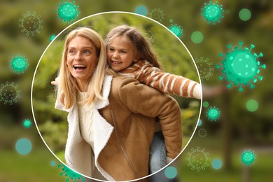 Mother and her daughter having fun outdoors. Bubble around them symbolizing strong immunity blocking viruses, illustration