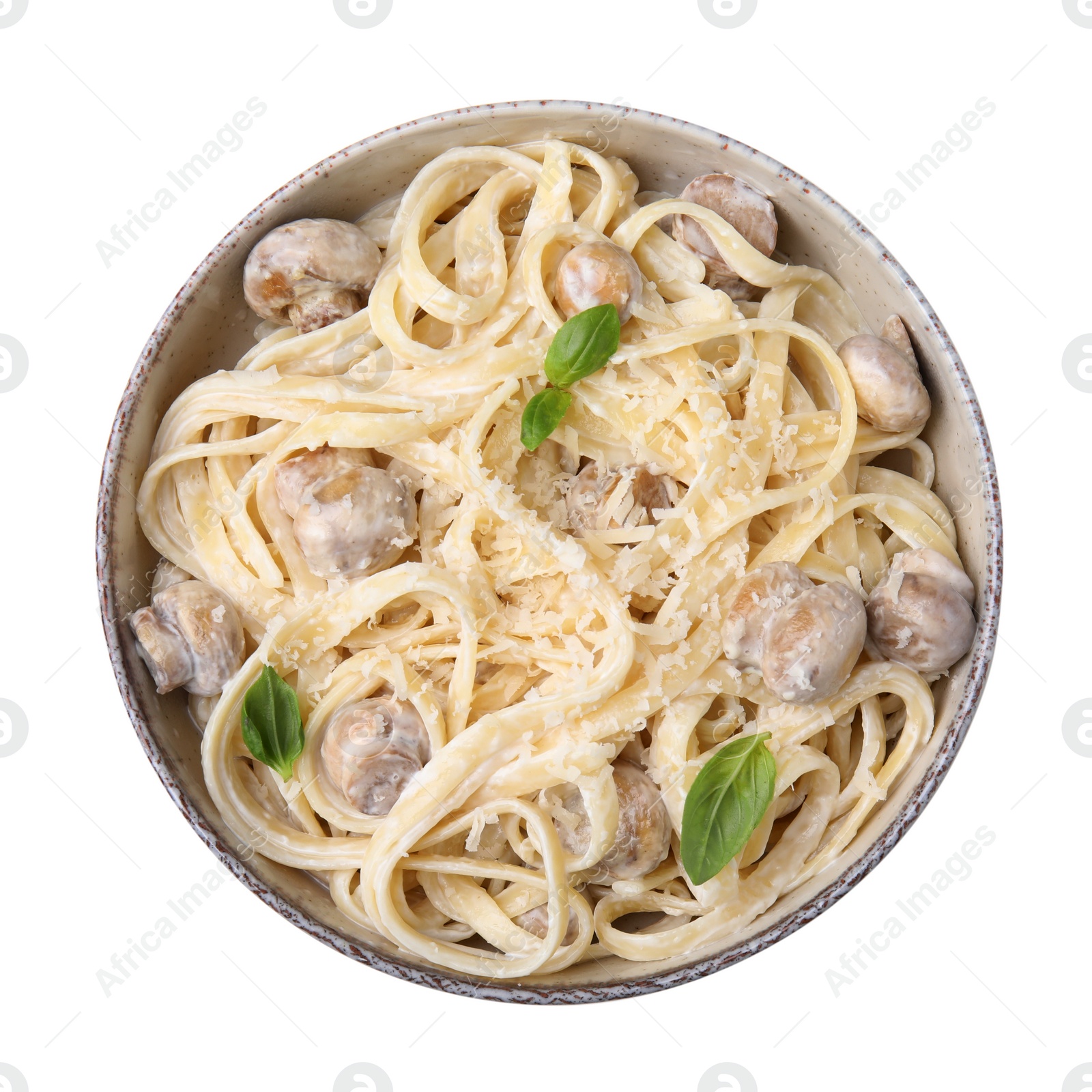 Photo of Delicious pasta with mushrooms and cheese on white background, top view