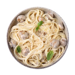 Photo of Delicious pasta with mushrooms and cheese on white background, top view