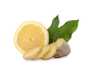 Photo of Fresh lemon and ginger on white background