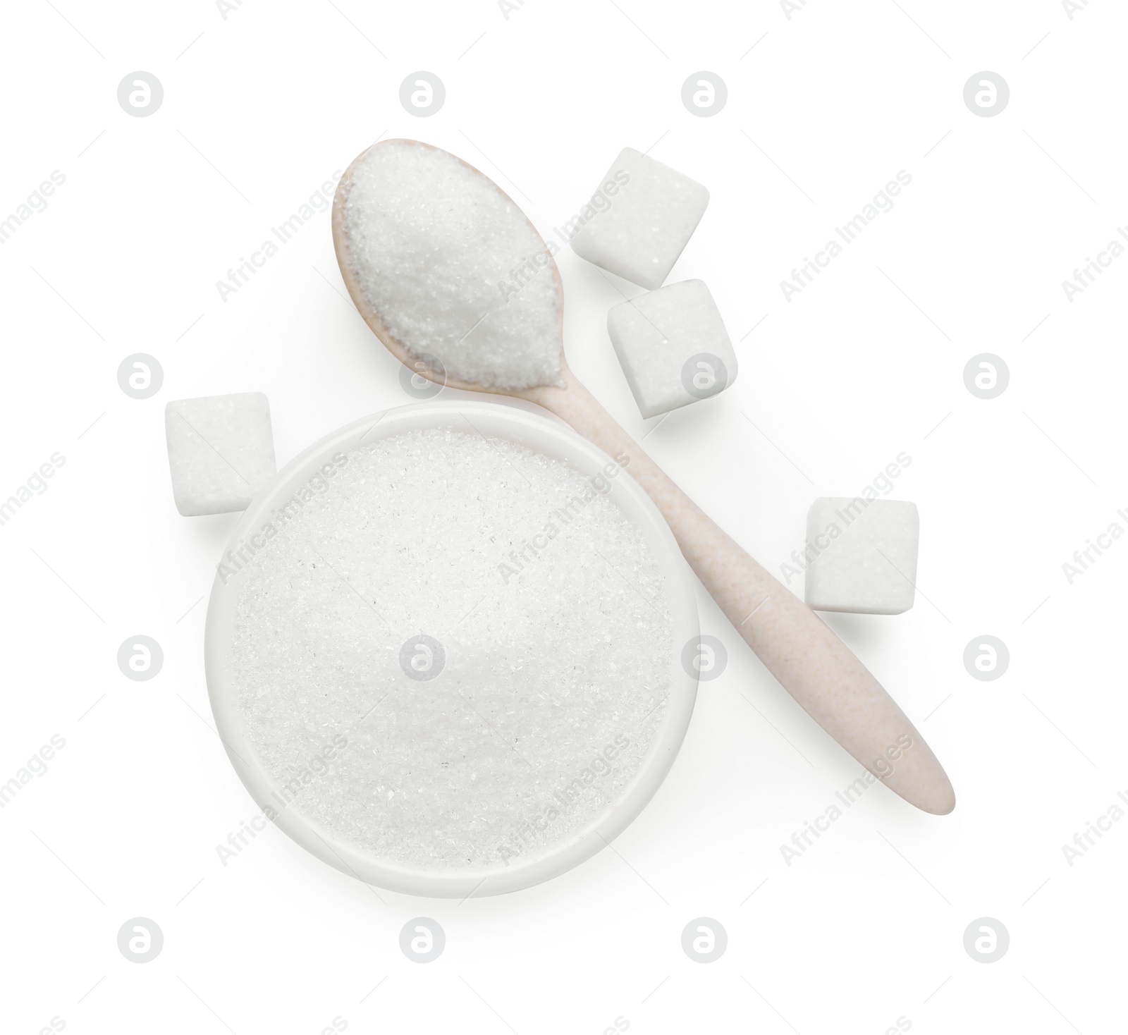 Photo of Different types of sugar isolated on white, top view