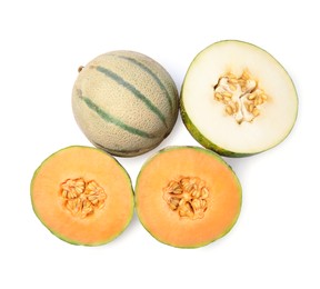 Photo of Tasty colorful ripe melons on white background, top view