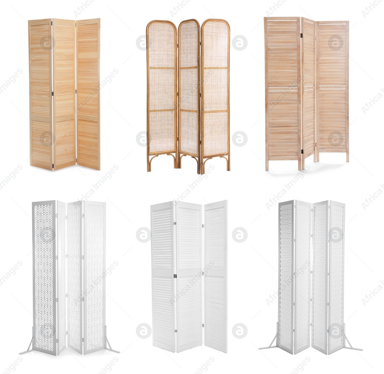 Image of Set with different wooden folding screens on white background