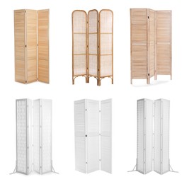Image of Set with different wooden folding screens on white background