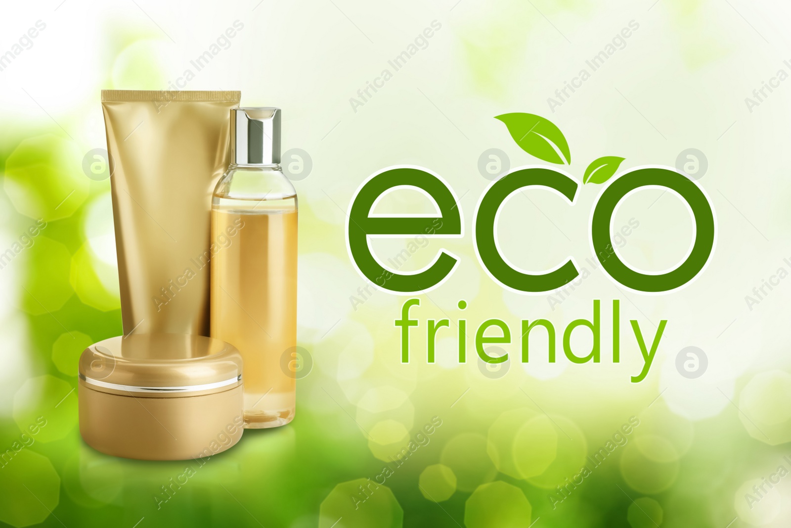 Image of Organic eco friendly cosmetic products on green background, bokeh effect