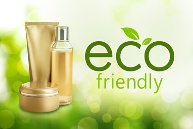 Organic eco friendly cosmetic products on green background, bokeh effect