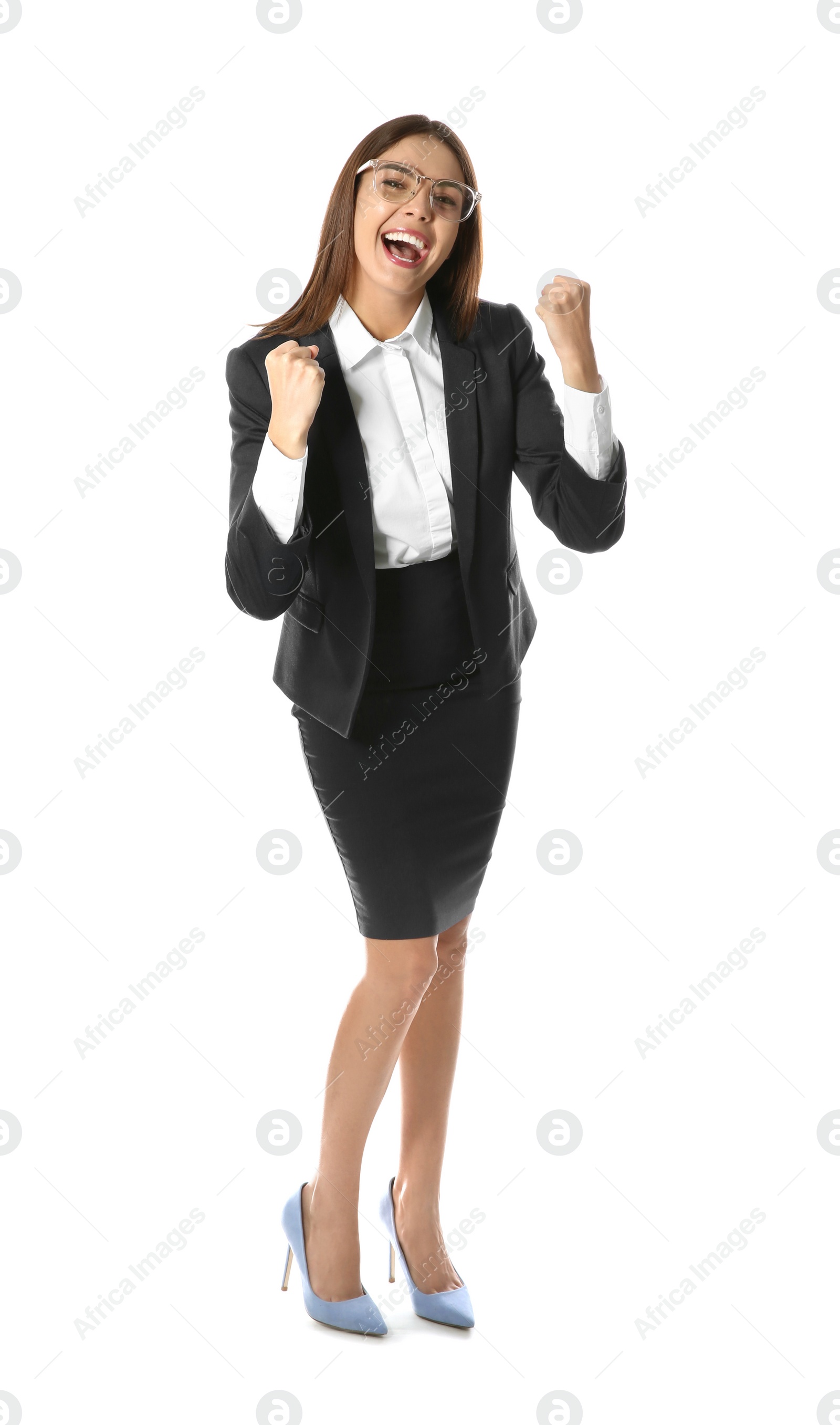 Photo of Full length portrait of emotional businesswoman on white background