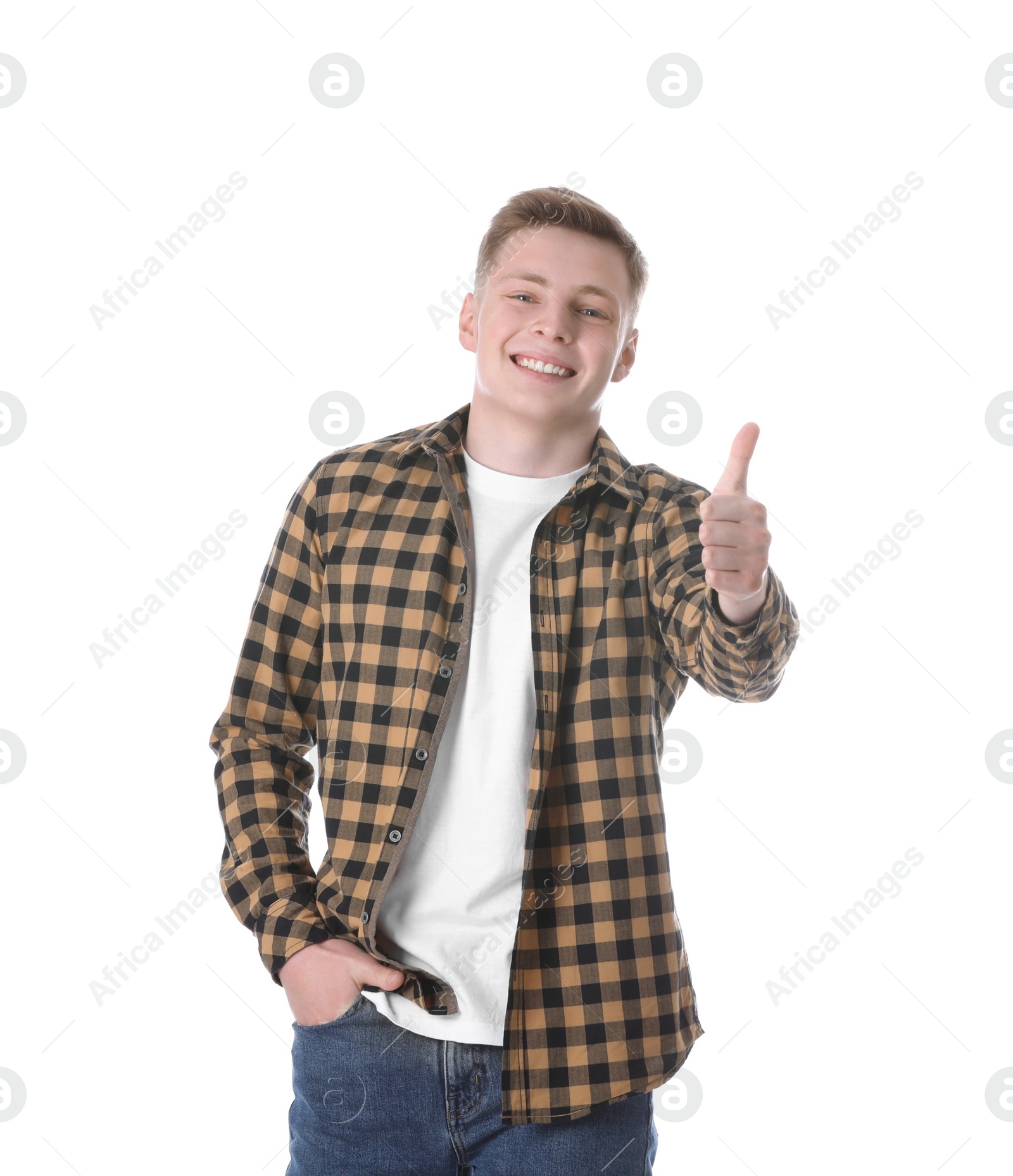 Photo of Portrait of teenage boy on white background